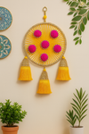 Yellow Woolen Wall Hanging with Pink Pom-Poms (Set of 2) – 12" x 18"