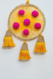 Yellow Woolen Wall Hanging with Pink Pom-Poms (Set of 2) – 12" x 18"