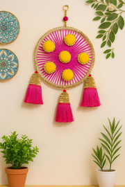 Pink Woolen Wall Hanging with Yellow Pom-Poms (Set of 2) – 12" x 18"