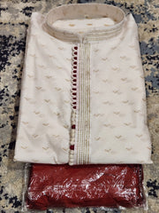 White Kurta Pajama Set With Maroon Buttons