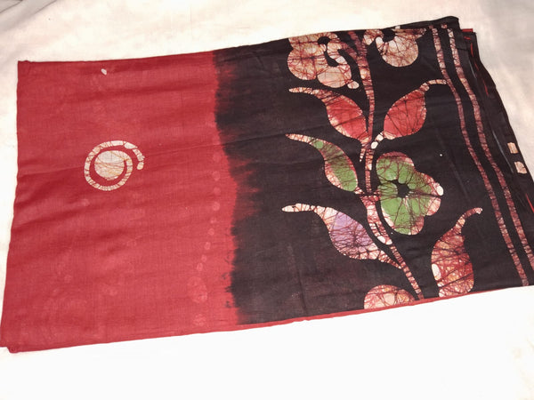 Red & Black Batik Print Cotton Saree with Artistic Floral Motifs