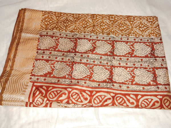 Rust & Mustard Hand Block Print Saree with Zari Border