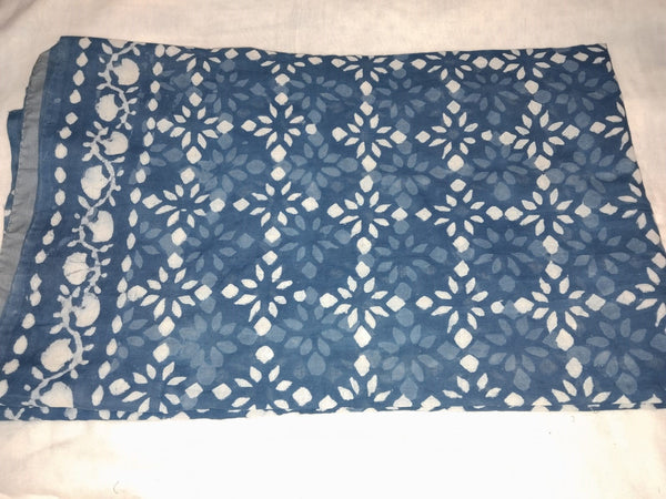 Indigo Blue Floral Motif Hand Block Printed Cotton Saree