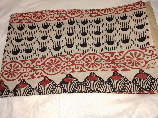 Natural Beige & Red-Black Hand Block Printed Cotton Saree