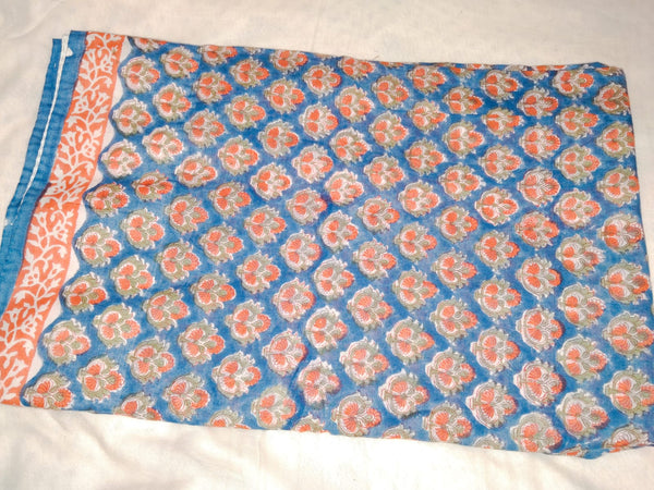 Sky Blue Floral Hand Block Printed Cotton Saree