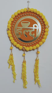 Haldi Ceremony Wall Hanging – Yellow & Golden (12" x 24")