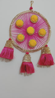 Pink Woolen Wall Hanging with Yellow Pom-Poms (Set of 2) – 12" x 18"