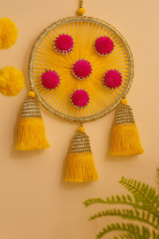 Yellow Woolen Wall Hanging with Pink Pom-Poms (Set of 2) – 12" x 18"
